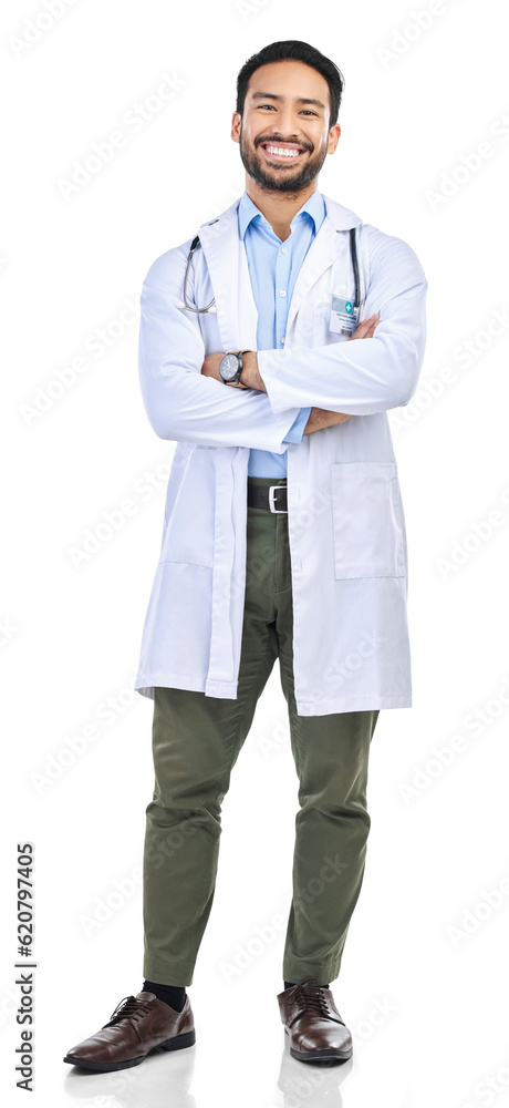 Happy man, portrait and doctor with arms crossed ready for medical and healthcare work. Isolated on 