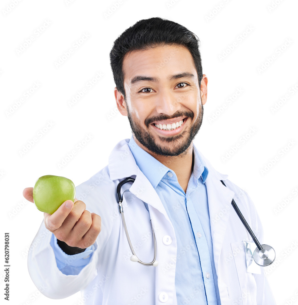 Asian man, portrait and doctor with apple for diet health isolated on a transparent PNG background. 