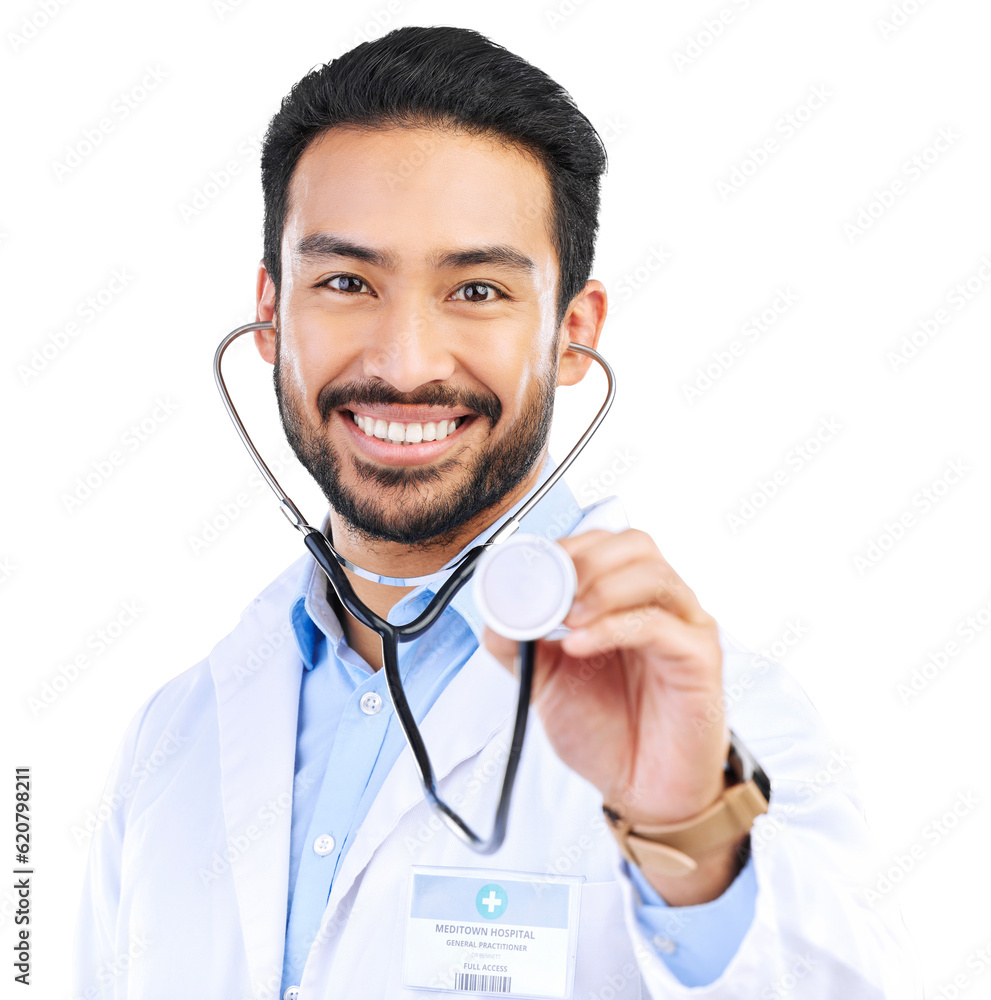 Doctor, happy and portrait of man with stethoscope on isolated, png and transparent background. Heal