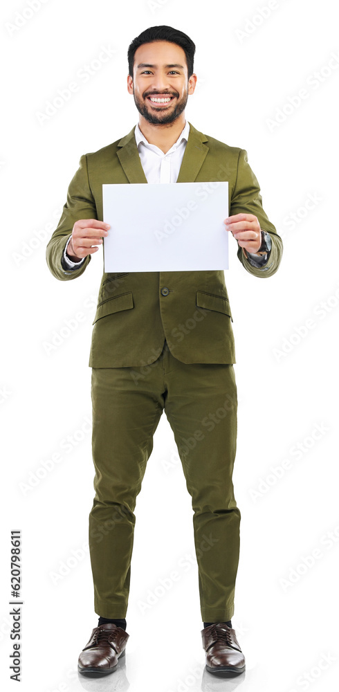 Businessman, portrait and billboard for advertising, list or sign isolated on a transparent PNG back