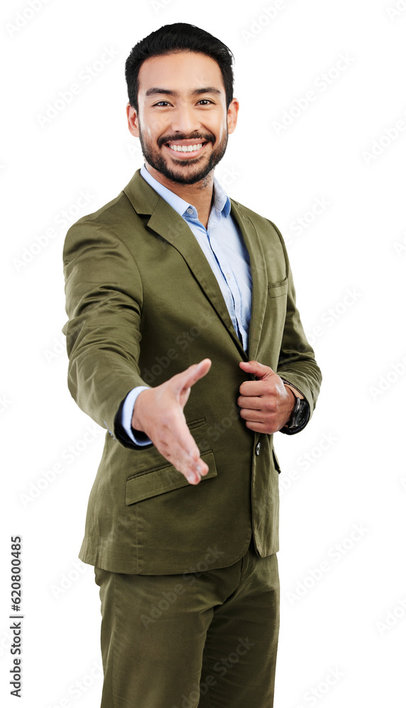 Happy businessman, portrait and handshake in agreement or deal isolated on a transparent PNG backgro