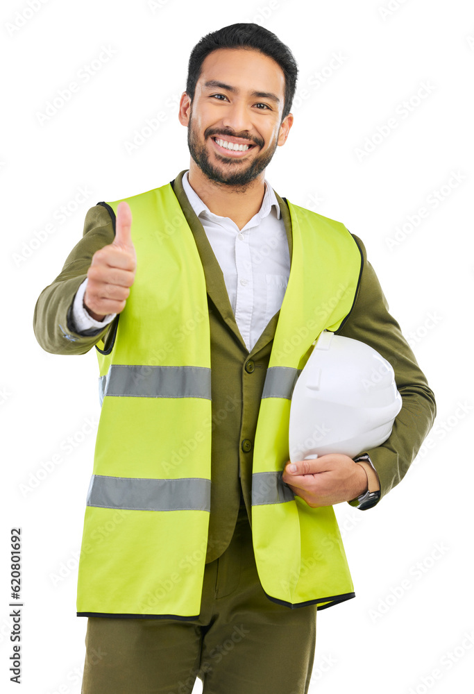 Asian man, portrait and architect with thumbs up for good job isolated on a transparent PNG backgrou