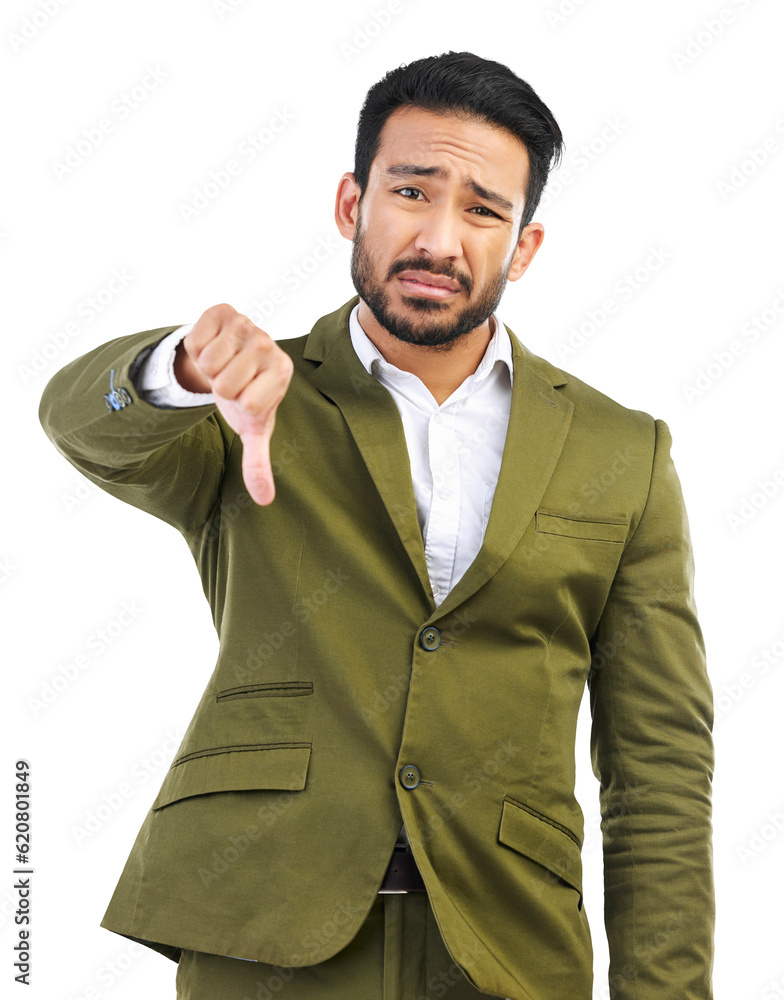 Thumbs down, business and portrait of asian man with bad news, emoji sign and isolated on transparen