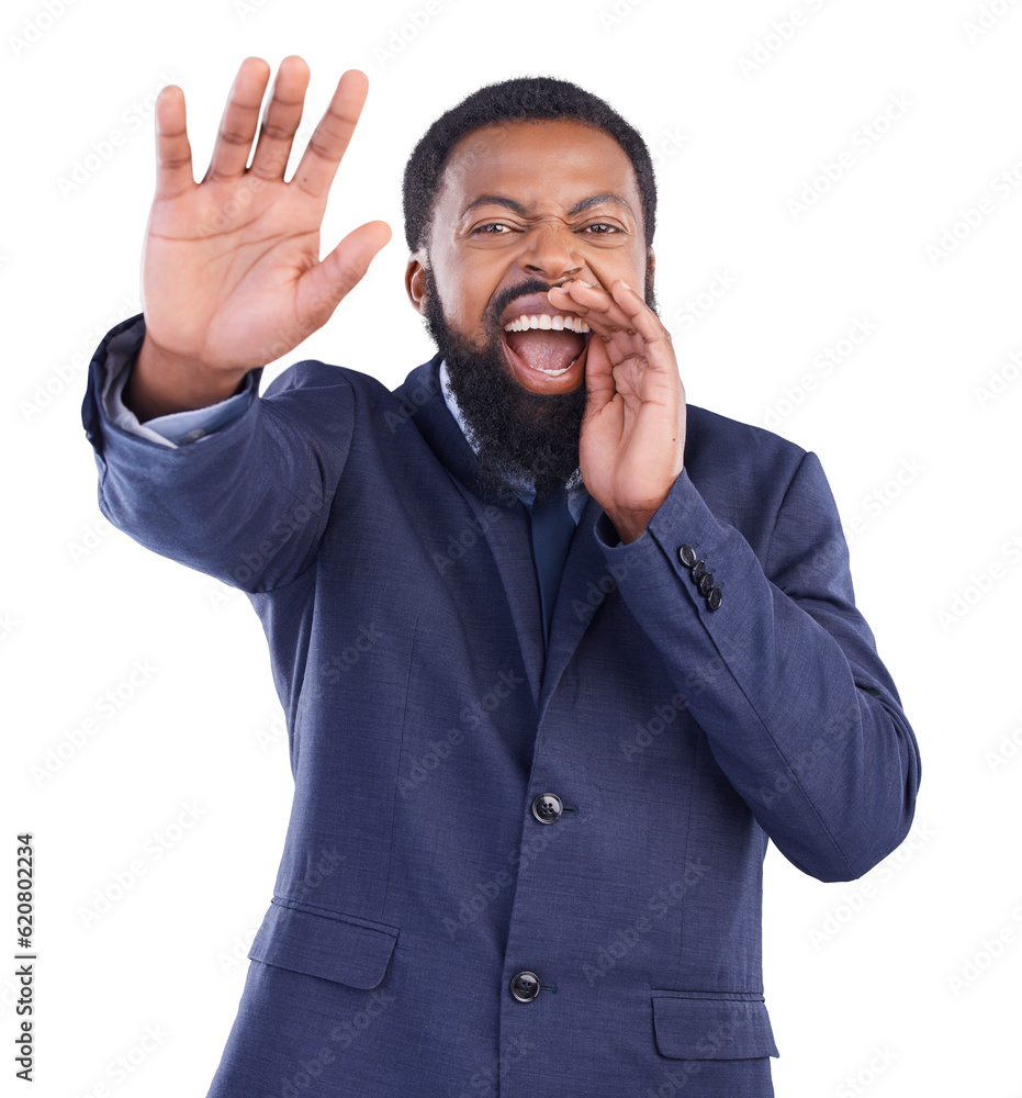 Stop, warning and portrait of black man shouting, danger and caution isolated on png transparent bac