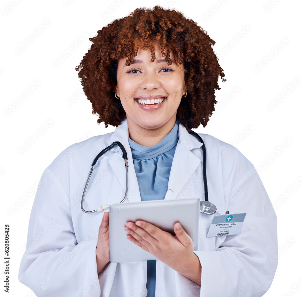 Tablet, portrait and doctor or happy woman isolated on transparent, png background in healthcare man