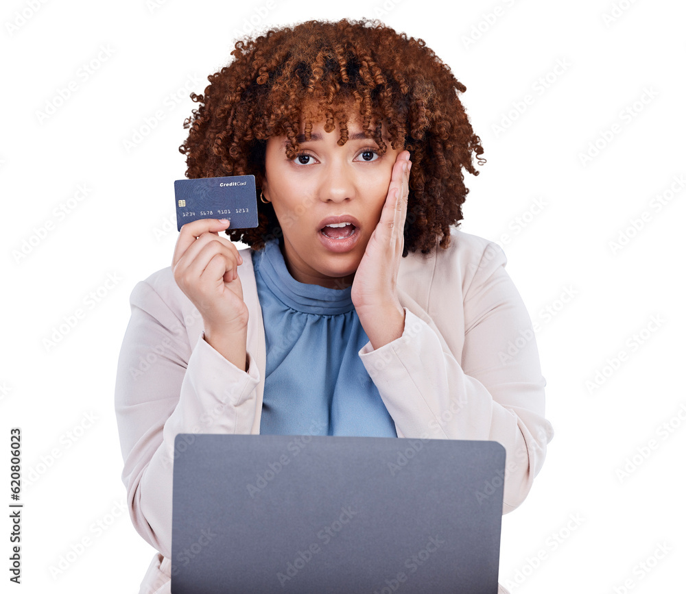 Credit card, laptop and woman stress, surprised or shocked in online shopping scam or fintech paymen