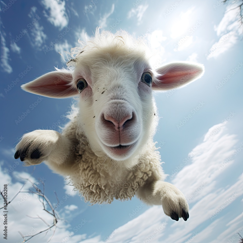 A Sheep, Flying sheep on blue sky background. Generative AI