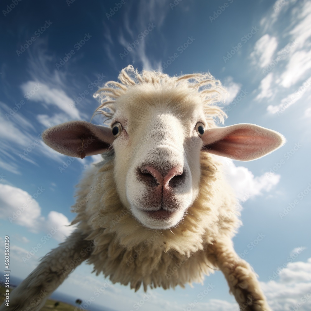 A Sheep, Flying sheep on blue sky background. Generative AI