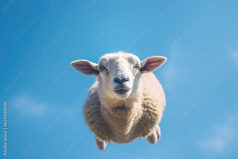 A Sheep, Flying sheep on blue sky background. Generative AI