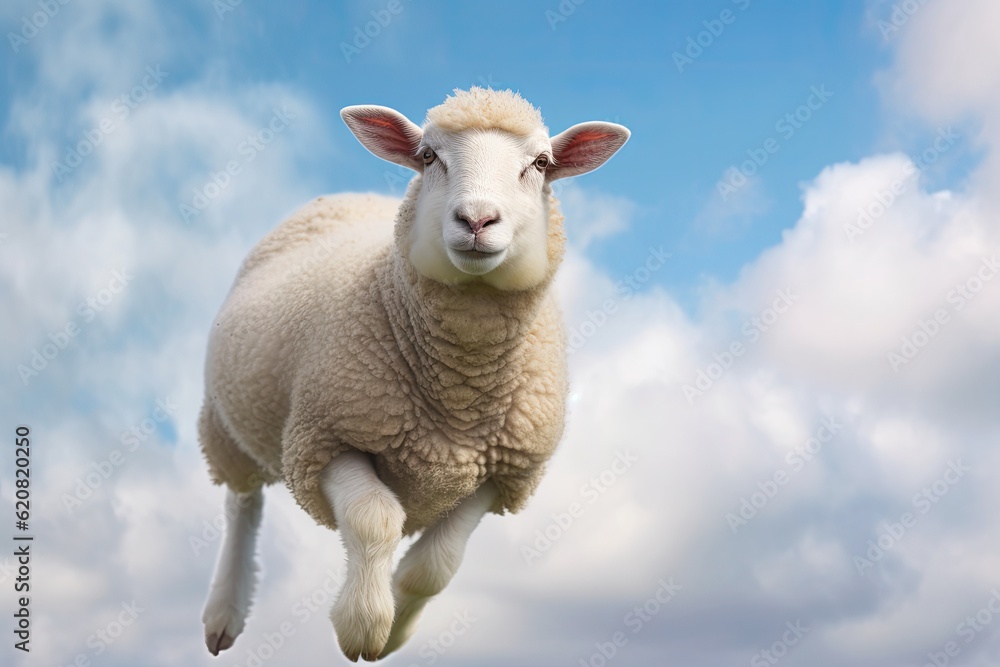 A Sheep, Flying sheep on blue sky background. Generative AI