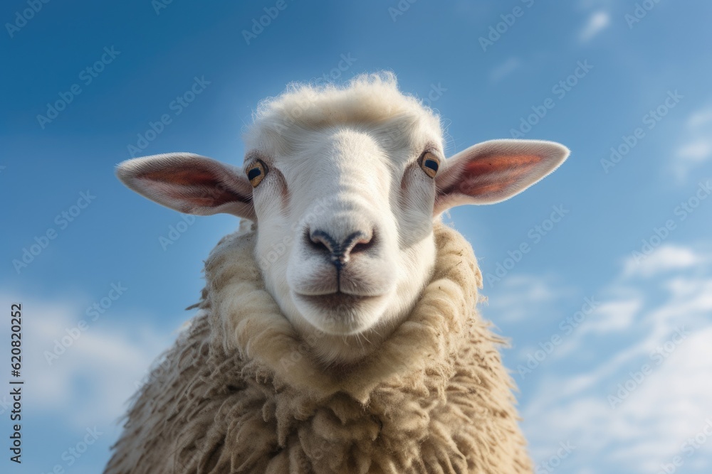 A Sheep, Flying sheep on blue sky background. Generative AI