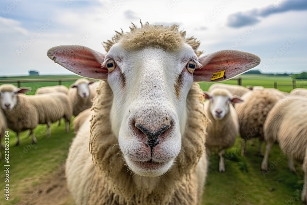 Animal, dike funny sheep is looking at you from its meadow on farm background. Sheep. Generative AI