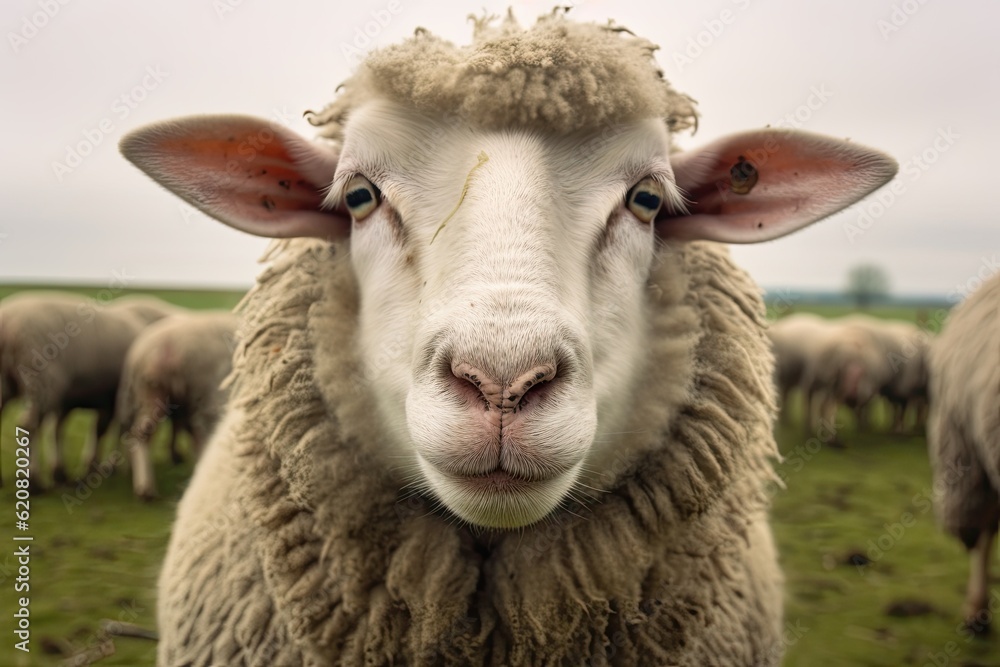 Animal, dike funny sheep is looking at you from its meadow on farm background. Sheep. Generative AI