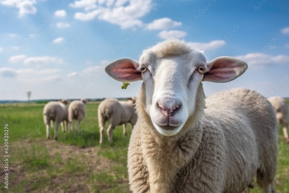 Animal, dike funny sheep is looking at you from its meadow on farm background. Sheep. Generative AI