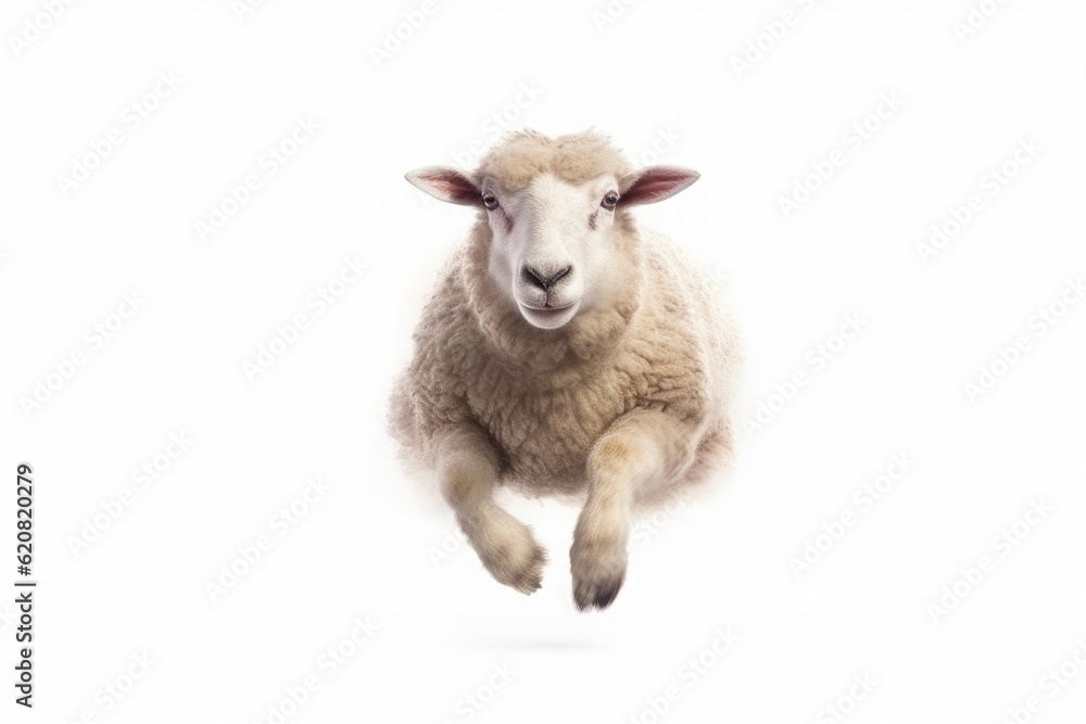 A Sheep, Happy sheep jumping isolated on white background. Generative AI