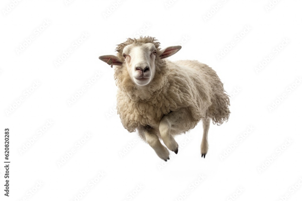 A Sheep, Happy sheep jumping isolated on white background. Generative AI