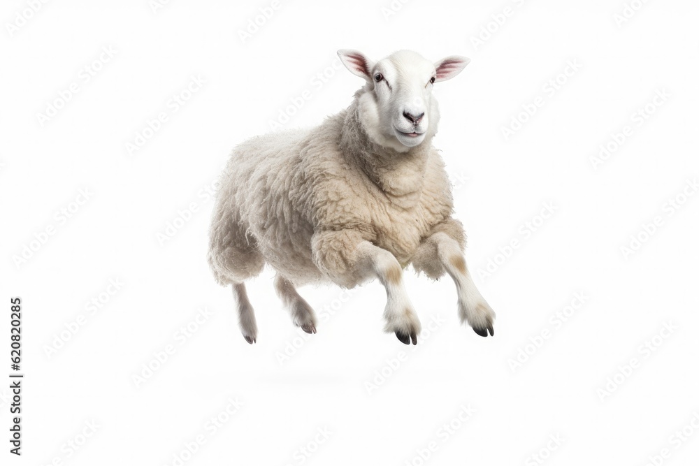 A Sheep, Happy sheep jumping isolated on white background. Generative AI