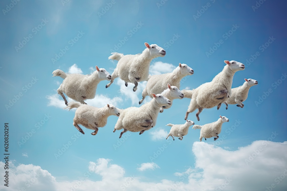 A Sheep, Flying sheep on blue sky background. Generative AI