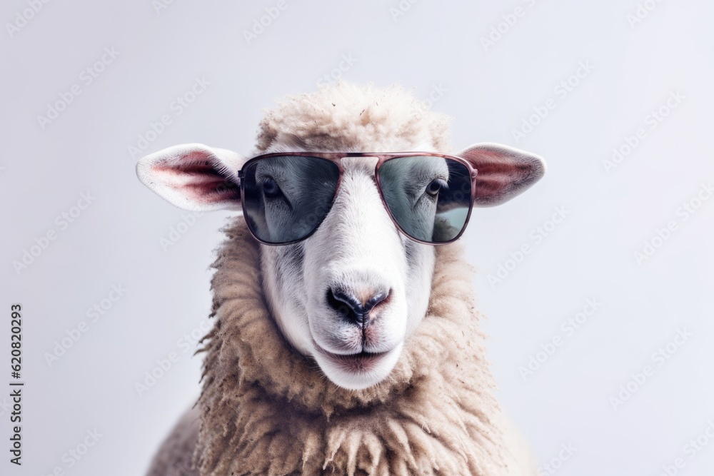 A Sheep, Funny sheep wearing sunglasses isolated on white background. Generative AI