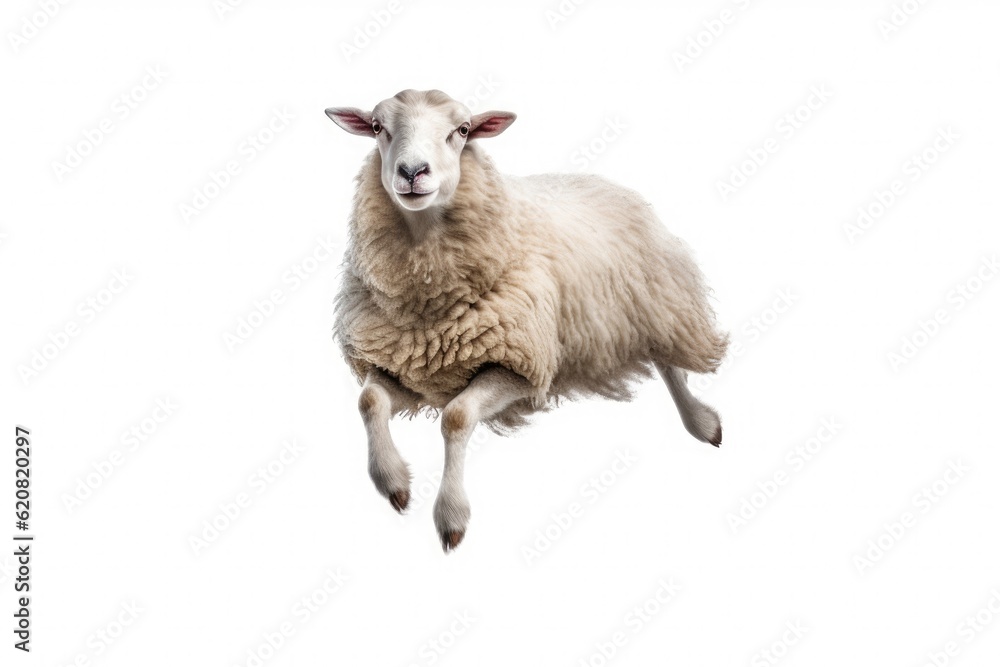 A Sheep, Happy sheep jumping isolated on white background. Generative AI