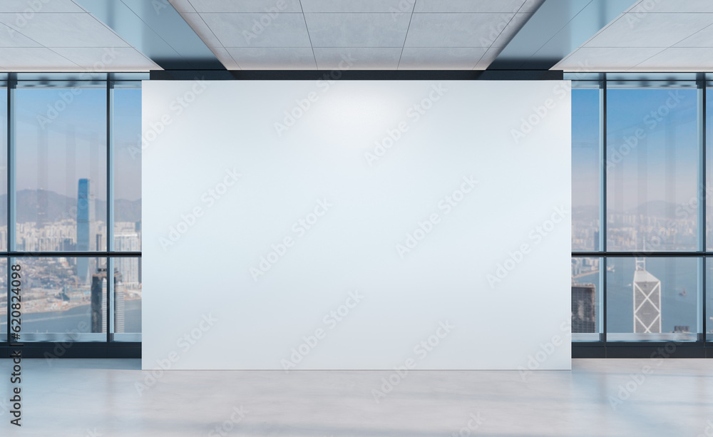 Blank wall Mockup in bright office with windows. Company interior 3D rendering