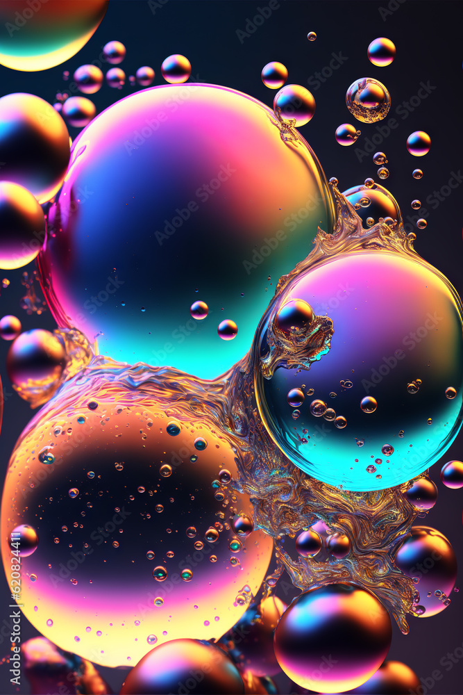 Bubbles background with psychedelic colors. Surreal wallpaper with curvy organics circle shapes. Gen