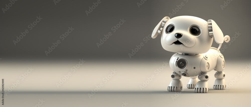 Cute robotic puppy isolated on large empty background. White happy little dog robot. Futuristic pet 