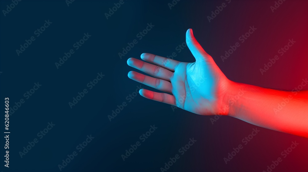 A human hand poised against a minimalistic dark blue background, the scene subtly infused with red l