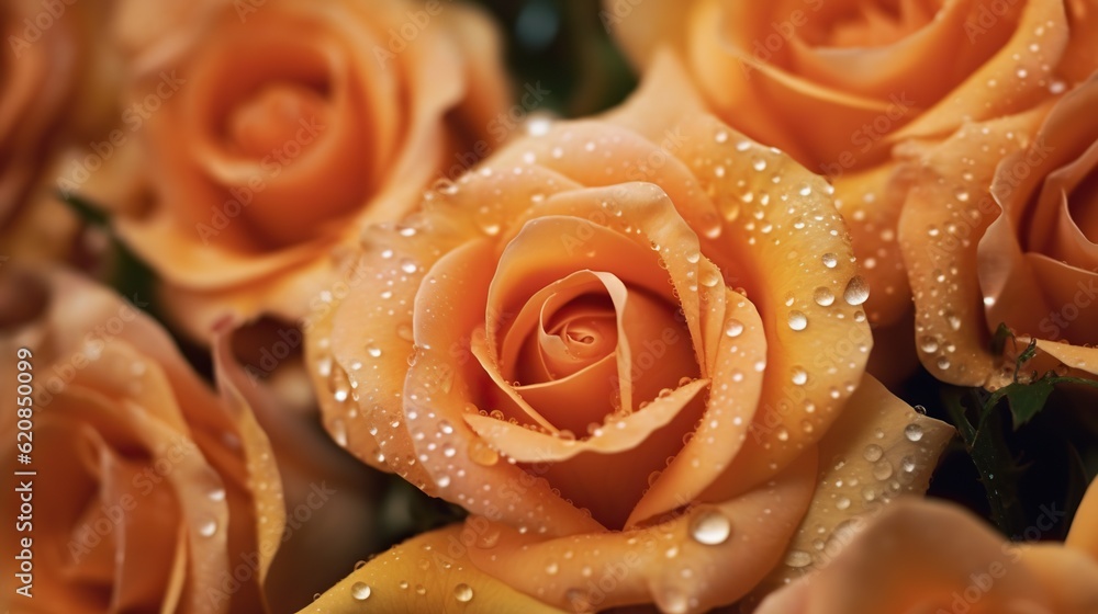 Orange Roses flowers with water drops background. Closeup of blossom with glistening droplets. Gener