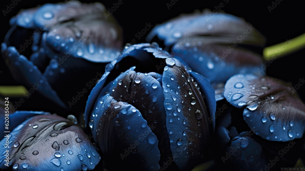 Black Tulips flowers with water drops background. Closeup of blossom with glistening droplets. Gener