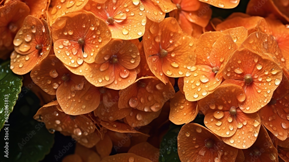 Orange Hydrangeas flowers with water drops background. Closeup of blossom with glistening droplets. 