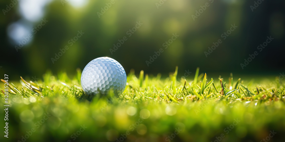 Close-up of golf ball on green grass of golf course, sunny day, blurred backdrop. Generative AI