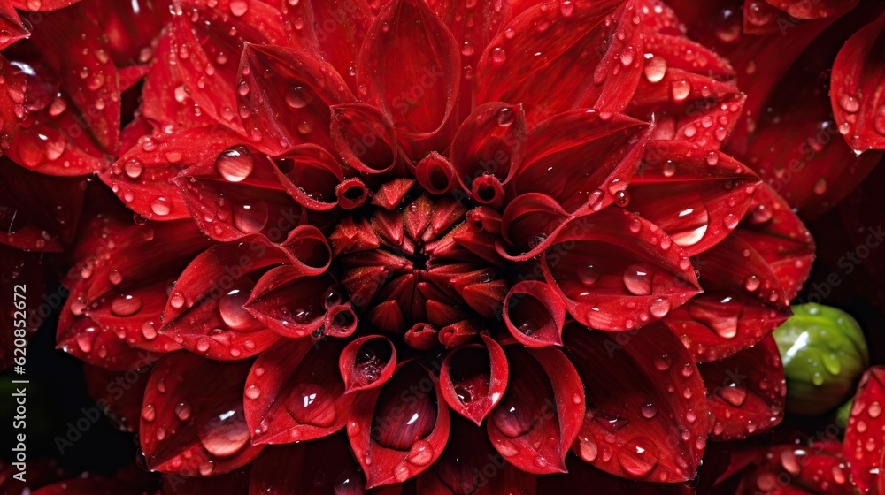 Red Dahlia flowers with water drops background. Closeup of delicate blossom with glistening droplets