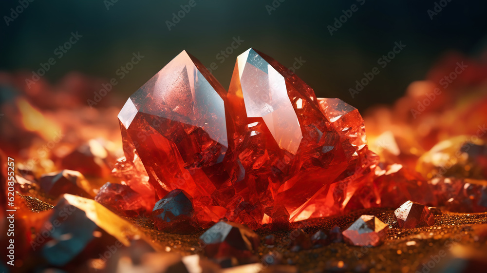 Amazing bright and shiny Realgar crystal cluster background. Jewel mineral detailed macro. Generativ