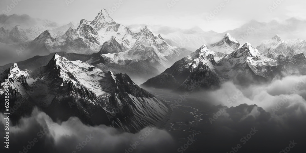 Dramatic snow-capped mountains landscape. Clouds and fog covers stone slopes. Generative AI