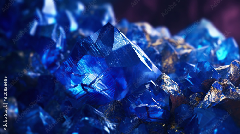 Amazing bright and shiny Azurite crystal cluster background. Jewel mineral detailed macro. Generativ