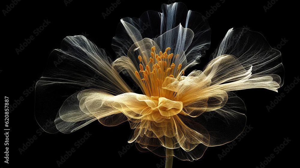 Golden x-ray image of a ethereal flower on black. Fantasy mystical blossom. Generative AI