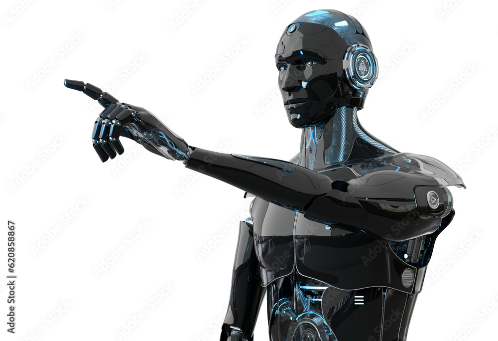 Isolated dark robot pointing finger. Futuristic cyborg using artificial intelligence. 3D rendering b