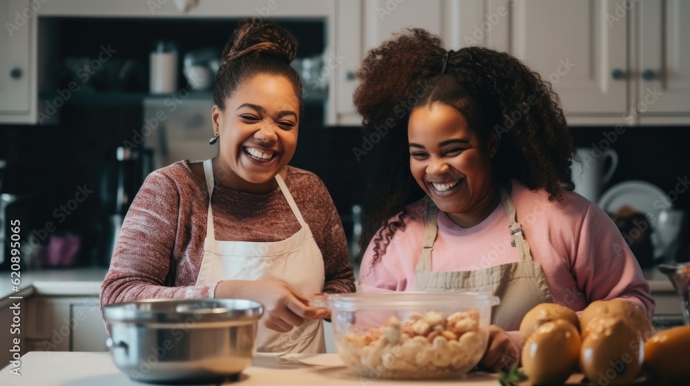 Happy African mother and daughter preparing a homemade dessert in kitchen, Enjoying leisure time.