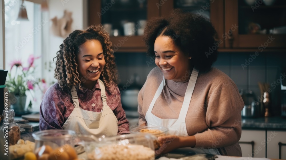 Happy African mother and daughter preparing a homemade dessert in kitchen, Enjoying leisure time.