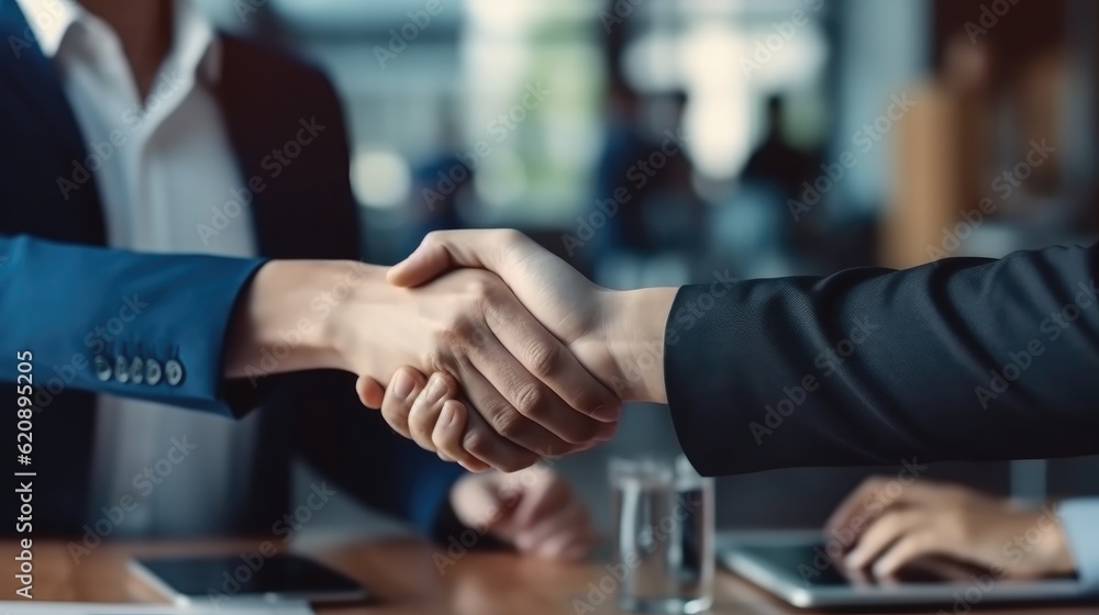 Closeup of handshake of business partners after meeting for project or contract agreement.