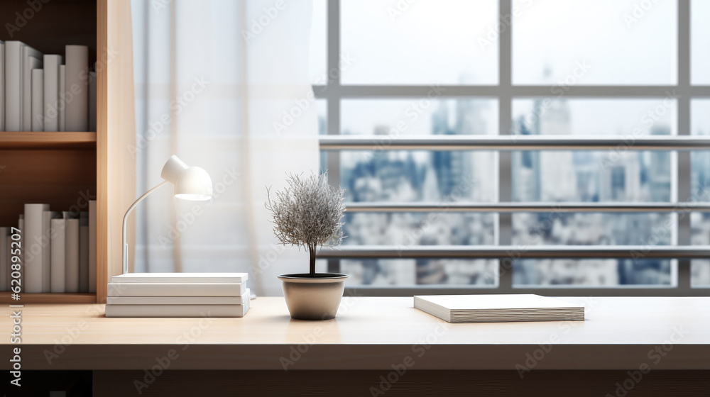 modern bright office workspace with accessories on a white tabletop, Modern minimal white office roo