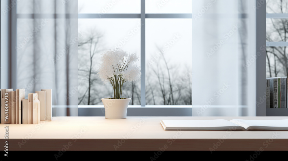 Tabletop in a modern bright office room, Modern white and clean office room.