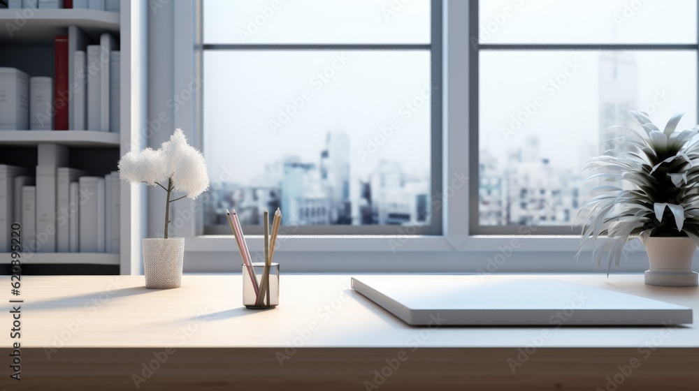 modern bright office workspace with accessories on a white tabletop, Modern minimal white office roo