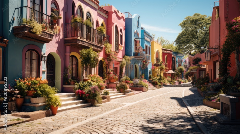 Row of colorful traditional private townhouses, Residential architecture exterior.