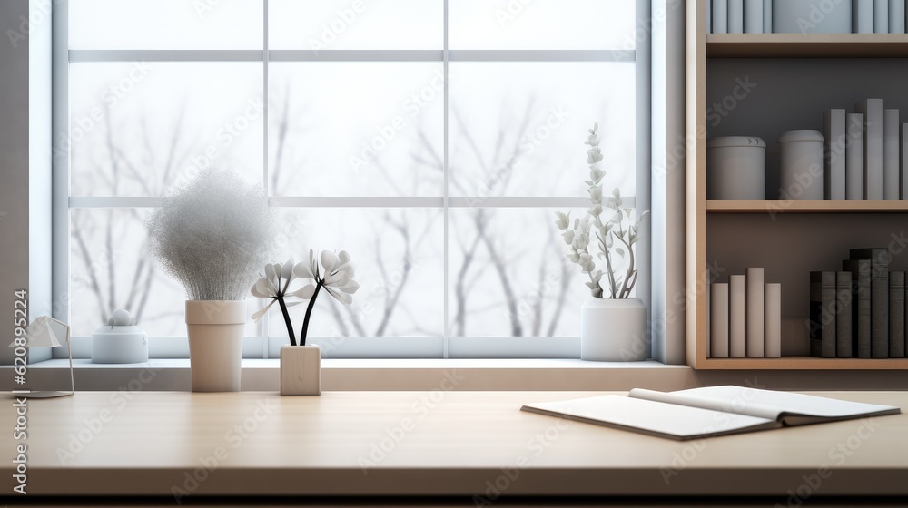 Tabletop in a modern bright office room, Modern white and clean office room.