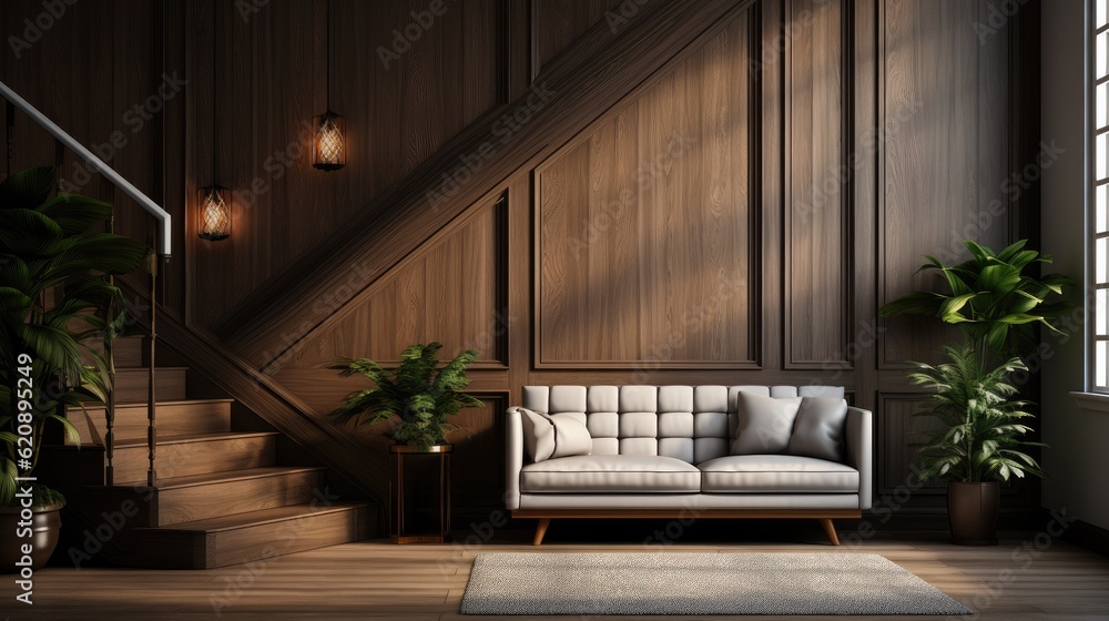 Elegant interior design of modern living room interior with sofa and wooden paneling walls.