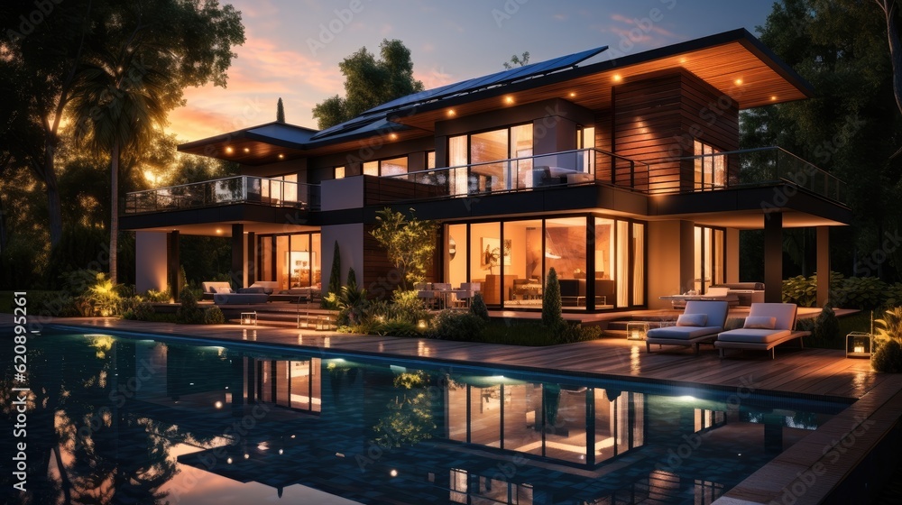 Beautiful modern house with terrace and pool, Evening view.