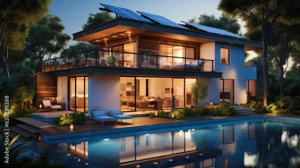 The dream House, Exterior of modern minimalist cubic villa with swimming pool.