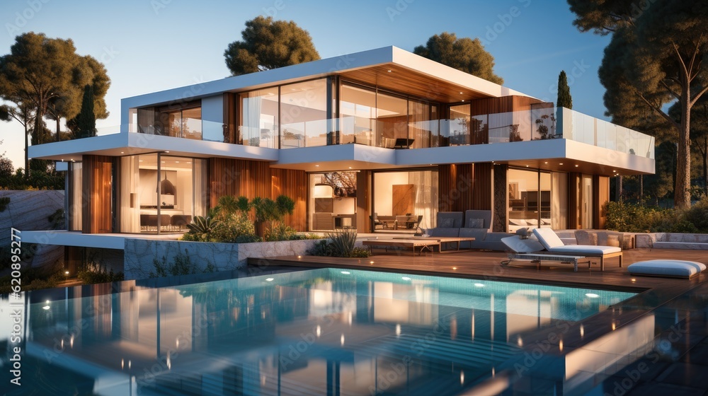 Beautiful modern house with terrace and pool, Evening view.